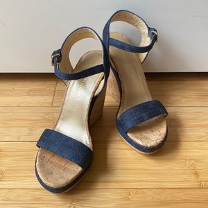 Stuart Weitzman Denim Navy Platform Wedge Sandal with Cork Heel Size 8